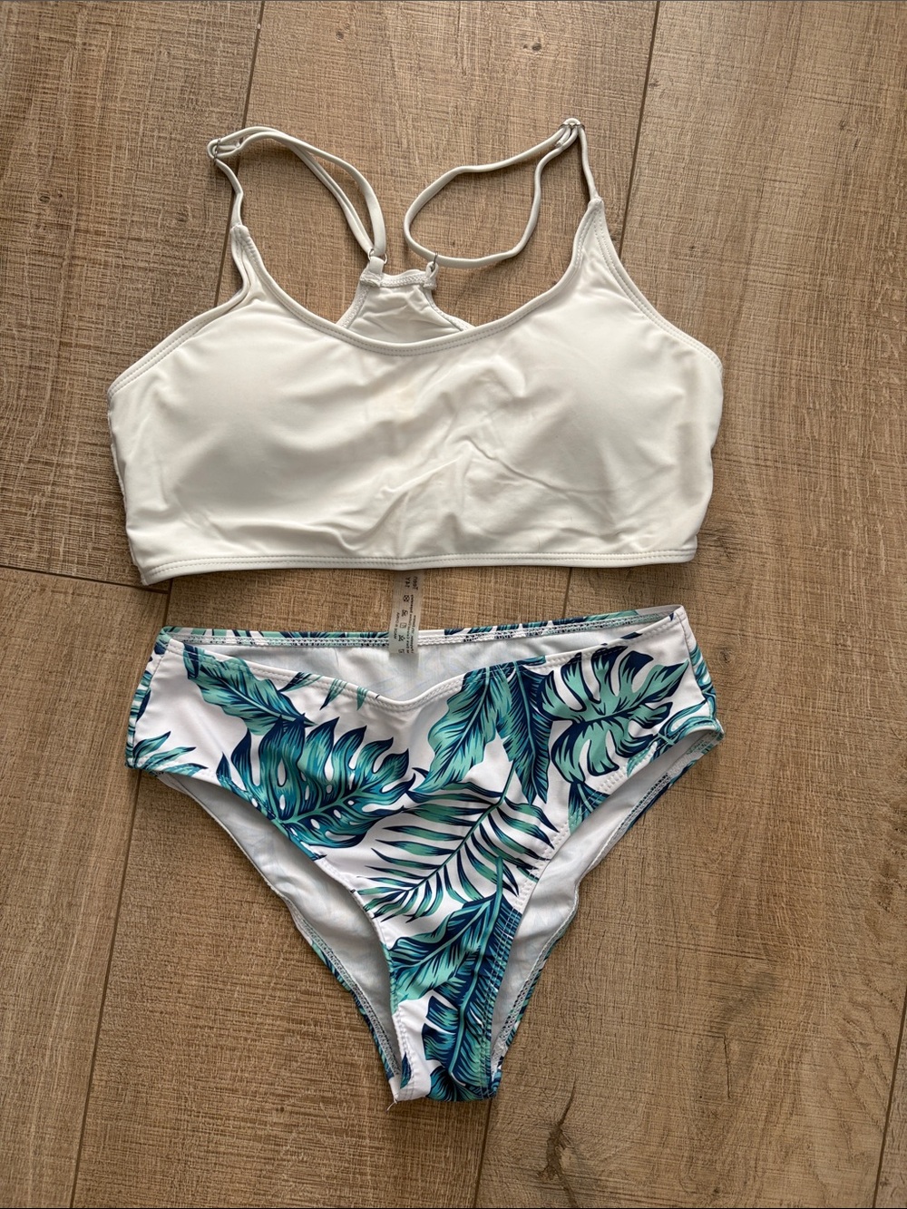 SHEIN White Crop Bikini Top with Teal Leaf Print Bottoms - Kids Swim